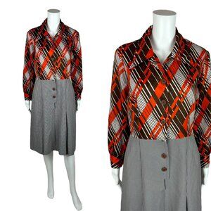 Vintage 70s Shirtdress Women's Large Secretary Striped Houndstooth 2 Piece Look
